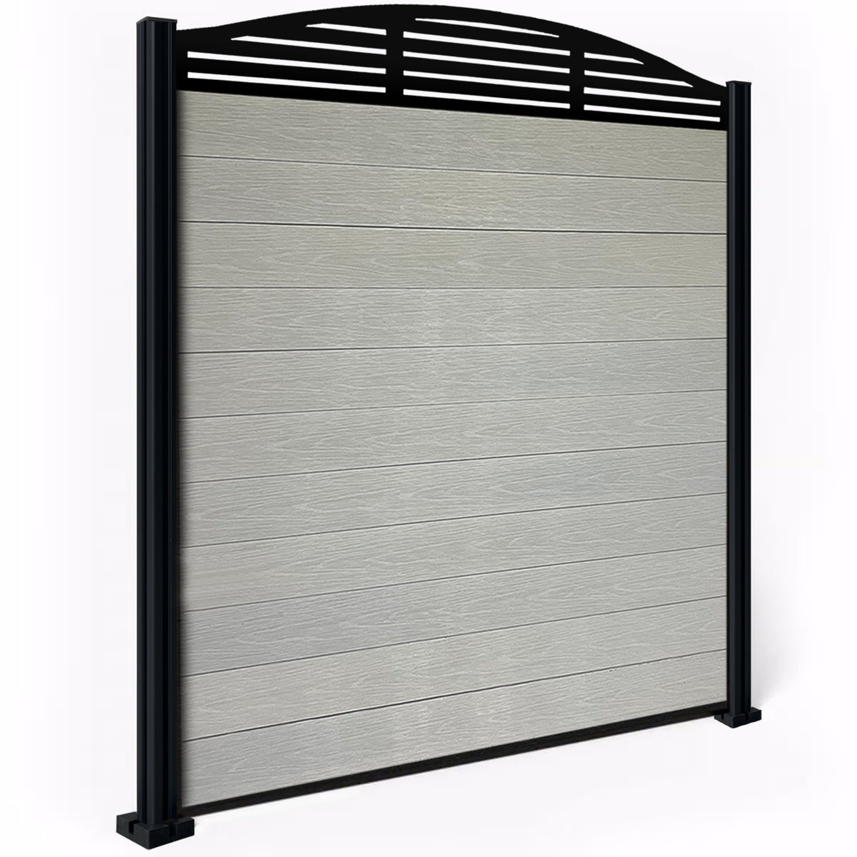 EasyComposite 6ft Composite Fence Panel & Aluminium Post Fitted Above Ground - Light Grey Boards & Slat Curved Topper Trellis