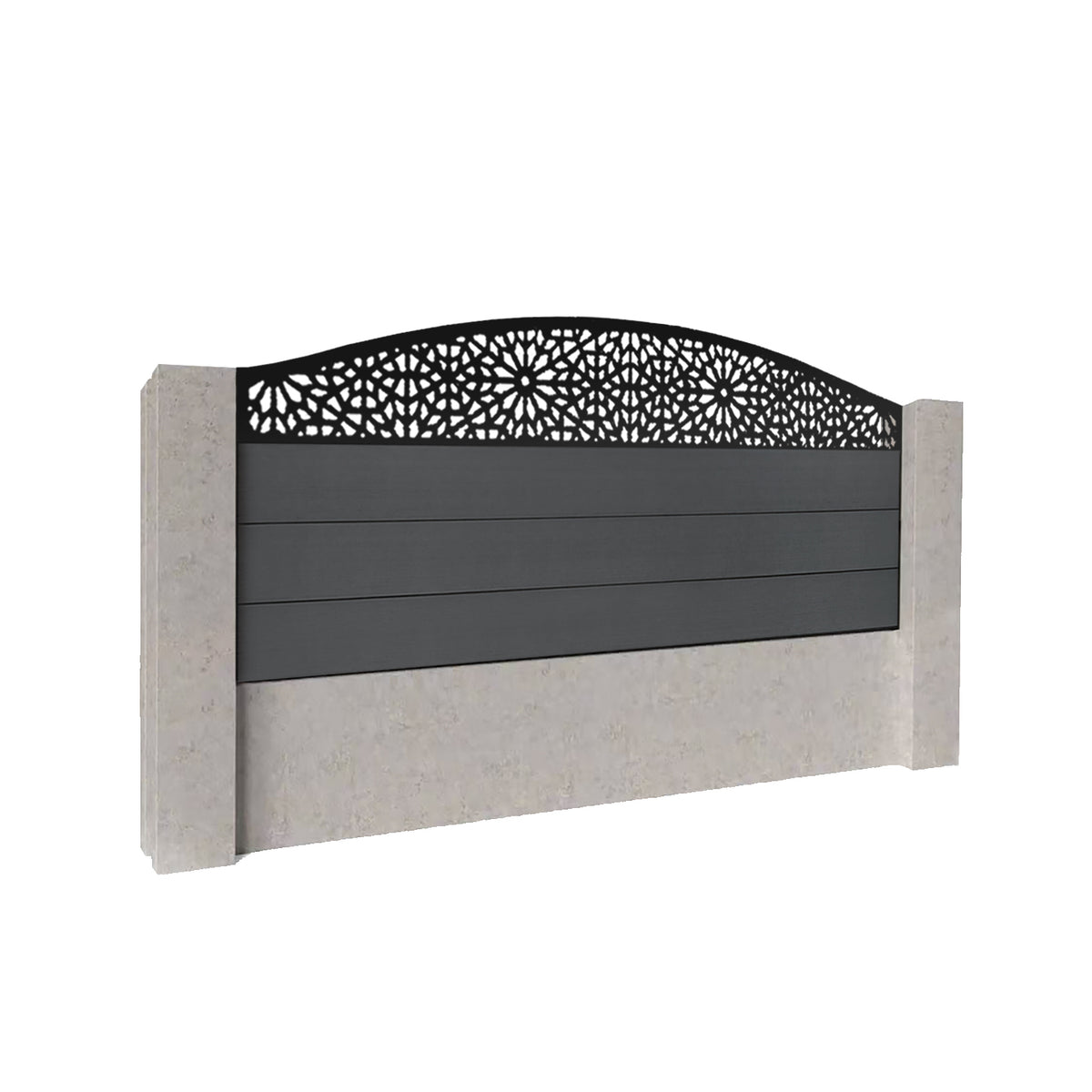 EasyComposite 2ft Composite Fence Panel Into Existing Concrete Posts - Dark Grey RAL7016 Boards & Morocco Curved Topper Trellis