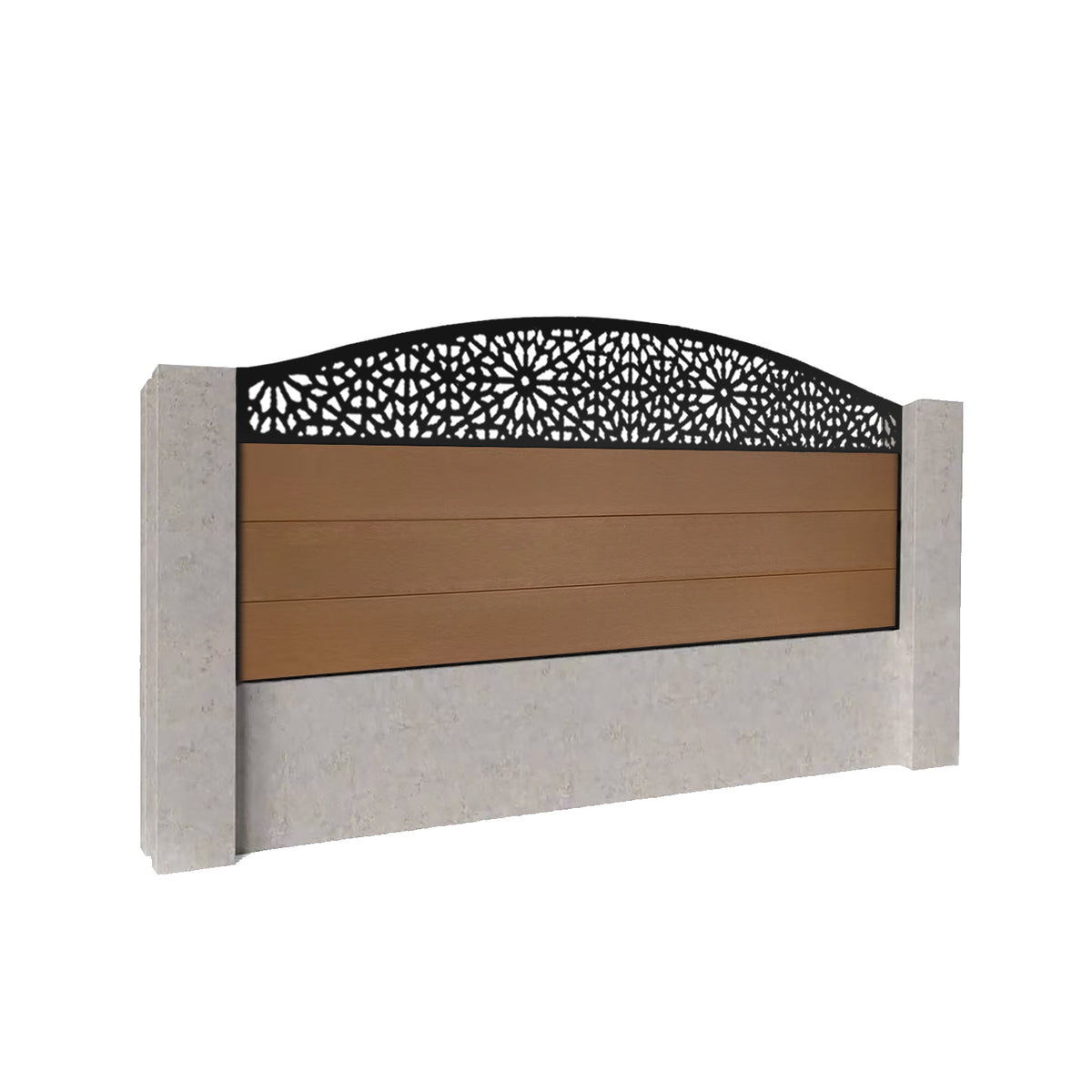 EasyComposite 2ft Composite Fence Panel Into Existing Concrete Posts - Golden Teak Boards & Morocco Curved Topper Trellis