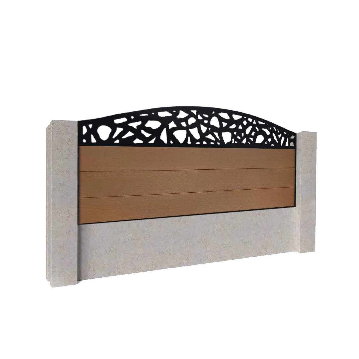 EasyComposite 2ft Composite Fence Panel Into Existing Concrete Posts - Golden Teak Boards & Pebble Curved Topper Trellis
