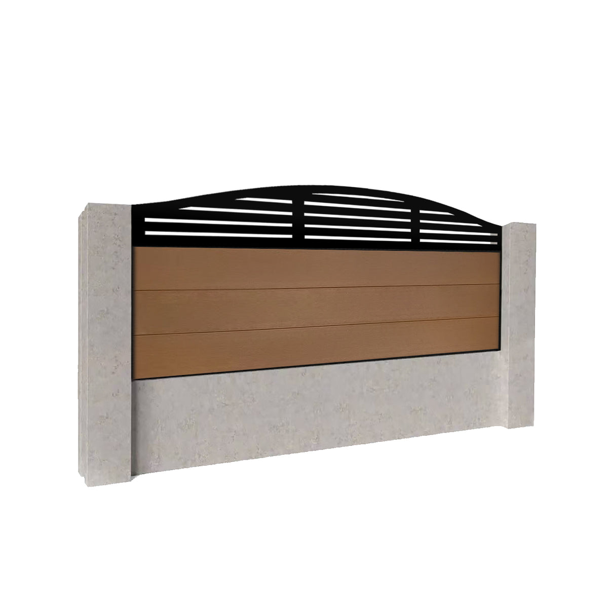 EasyComposite 2ft Composite Fence Panel Into Existing Concrete Posts - Golden Teak Boards & Slat Curved Topper Trellis