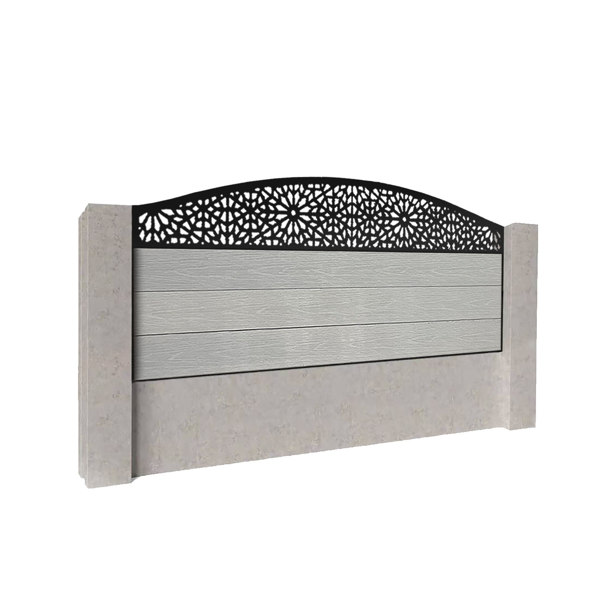 EasyComposite 2ft Composite Fence Panel Into Existing Concrete Posts - Light Grey Boards & Morocco Curved Topper Trellis