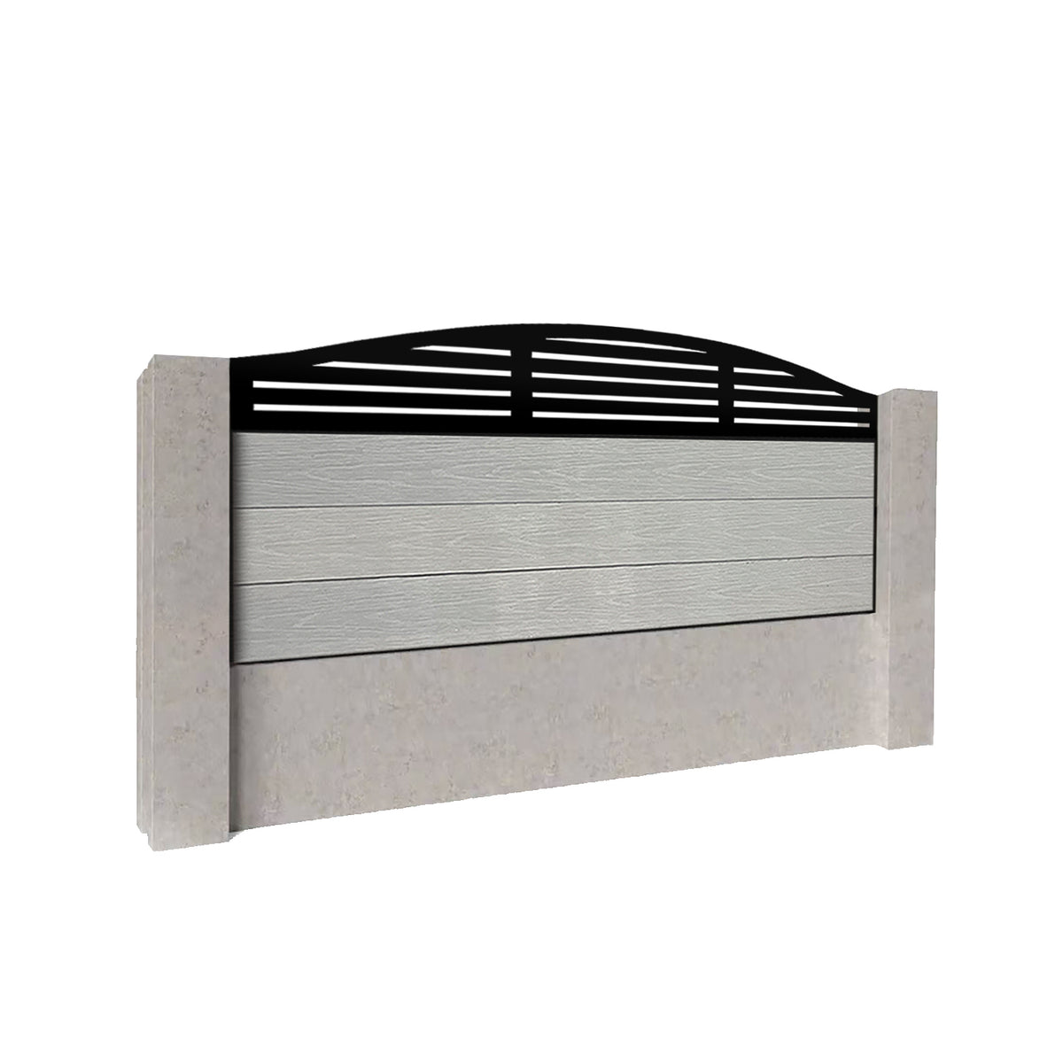 EasyComposite 2ft Composite Fence Panel Into Existing Concrete Posts - Light Grey Boards & Slat Curved Topper Trellis