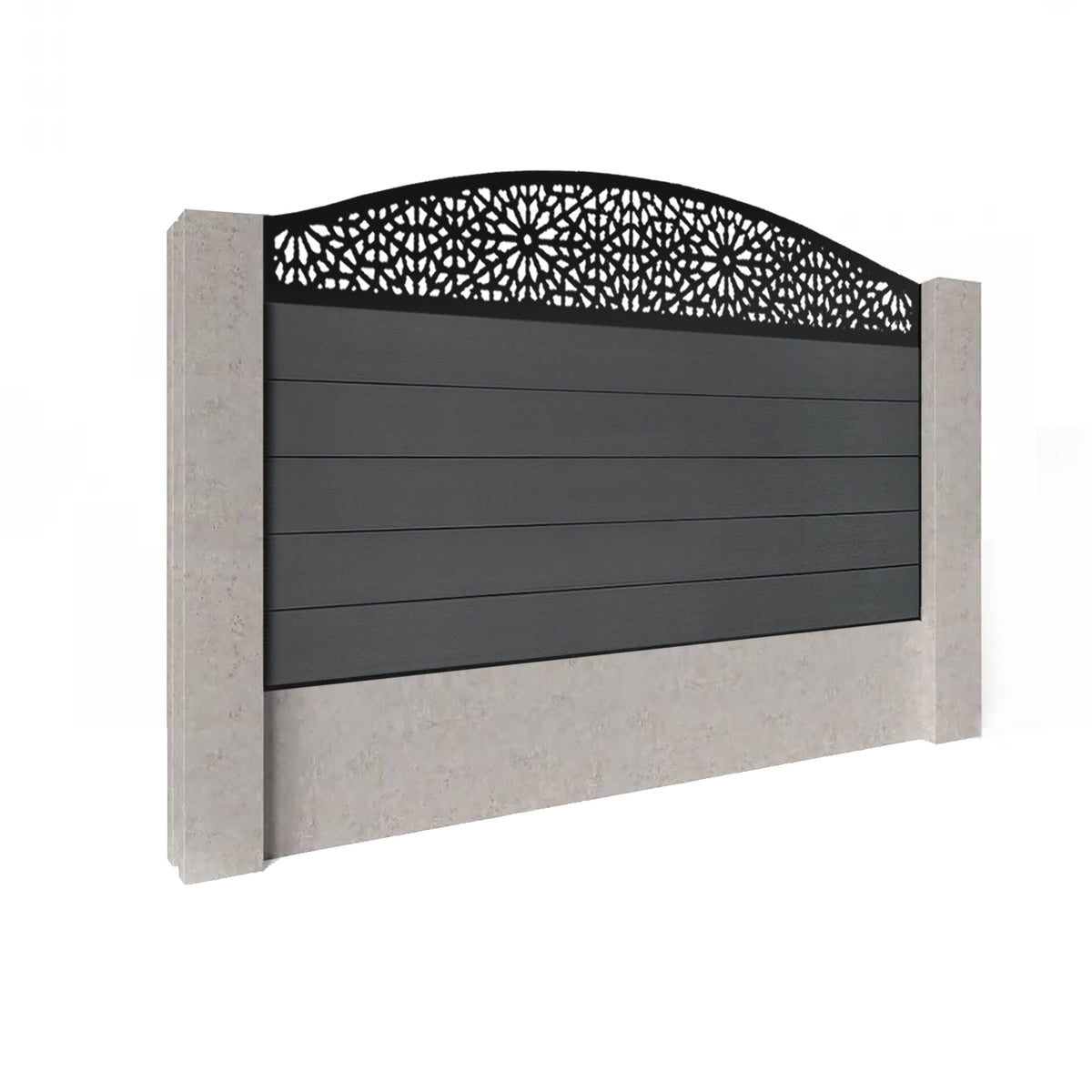 EasyComposite 3ft Composite Fence Panel Into Existing Concrete Posts - Dark Grey RAL7016 Boards & Morocco Curved Topper Trellis