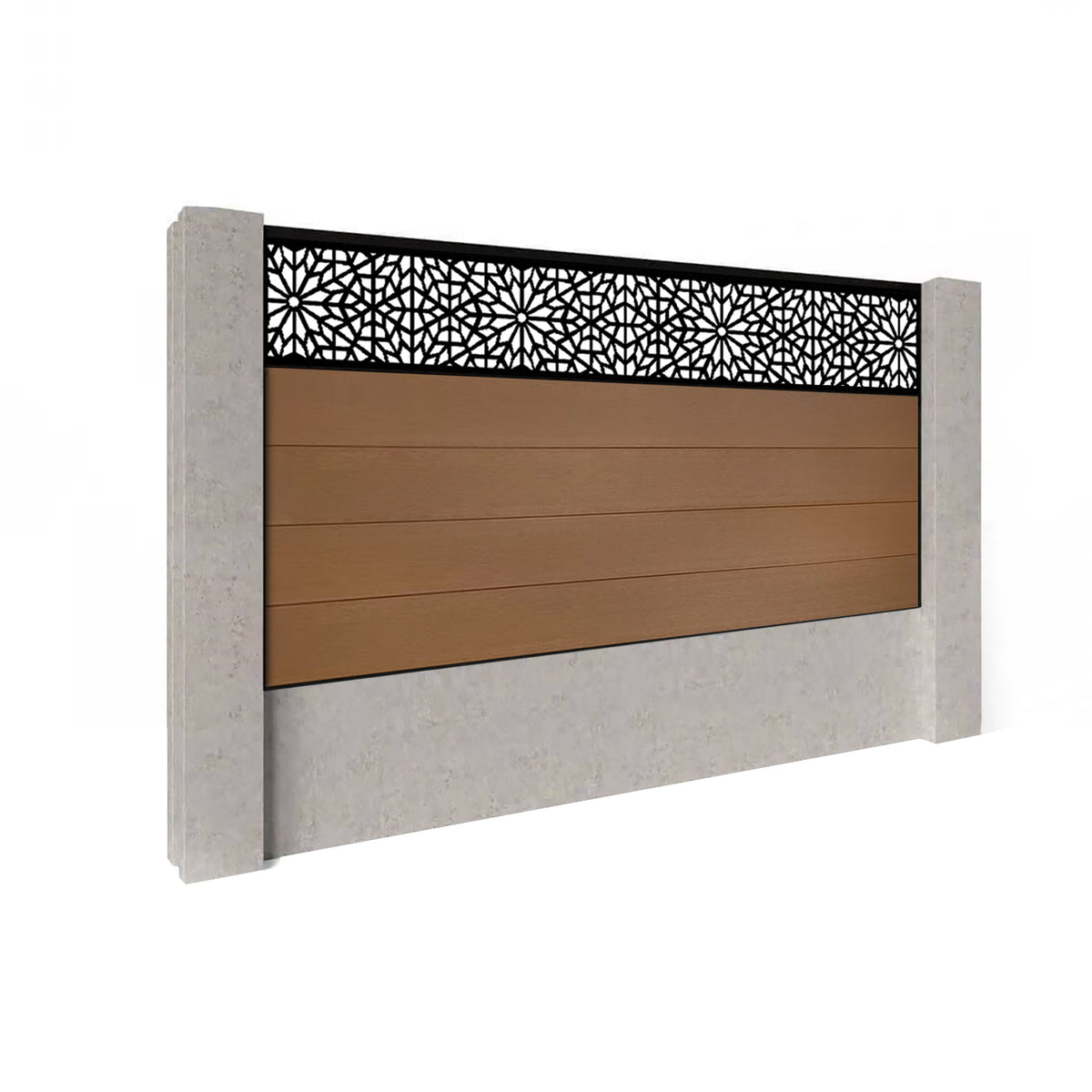 EasyComposite 4ft Composite Fence Panel Into Existing Concrete Posts - Golden Teak Boards & Morocco Topper Trellis
