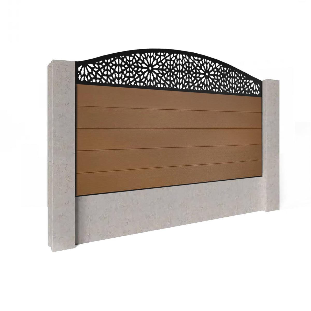 EasyComposite 3ft Composite Fence Panel Into Existing Concrete Posts - Golden Teak Boards & Morocco Curved Topper Trellis