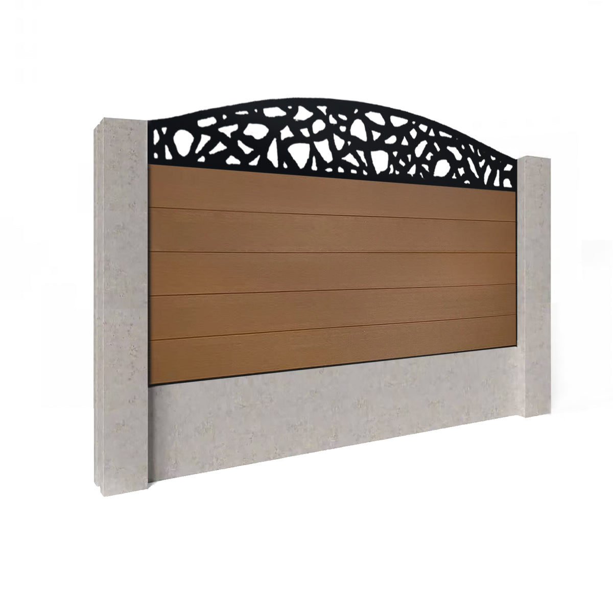 EasyComposite 3ft Composite Fence Panel Into Existing Concrete Posts - Golden Teak Boards & Pebble Curved Topper Trellis