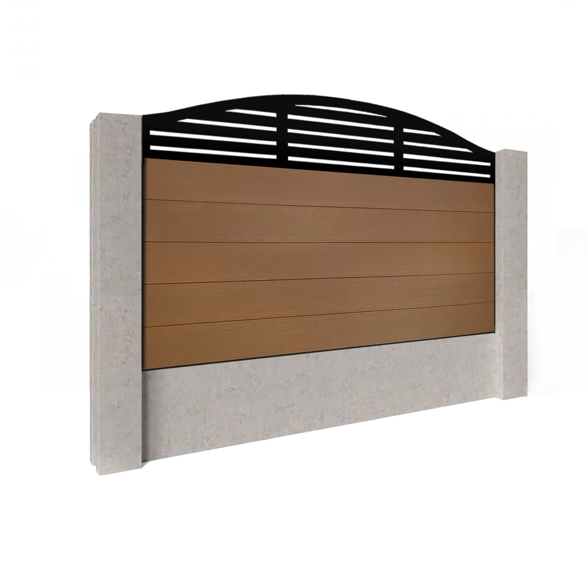 EasyComposite 3ft Composite Fence Panel Into Existing Concrete Posts - Golden Teak Boards & Slat Curved Topper Trellis