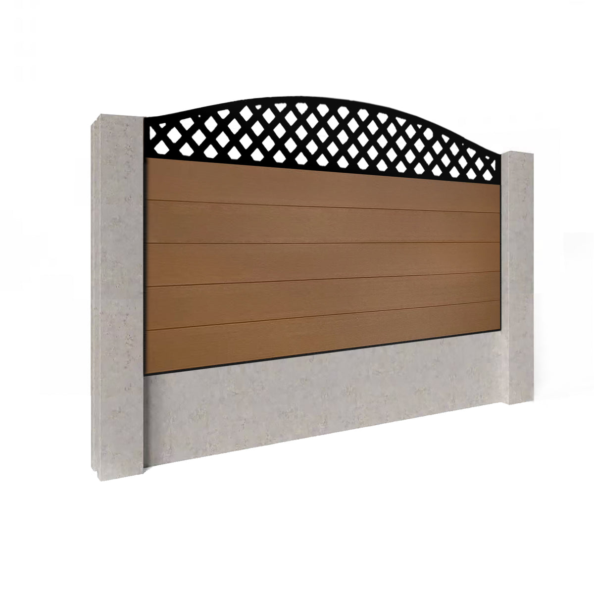 EasyComposite 3ft Composite Fence Panel Into Existing Concrete Posts - Golden Teak Boards & Wave curved Topper Trellis