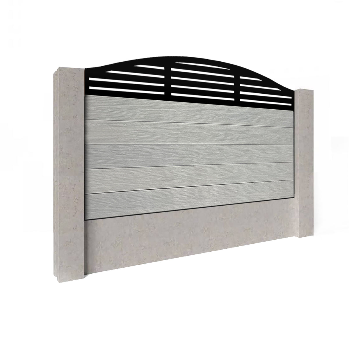 EasyComposite 3ft Composite Fence Panel Into Existing Concrete Posts - Light Grey Boards & Slat Curved Topper Trellis