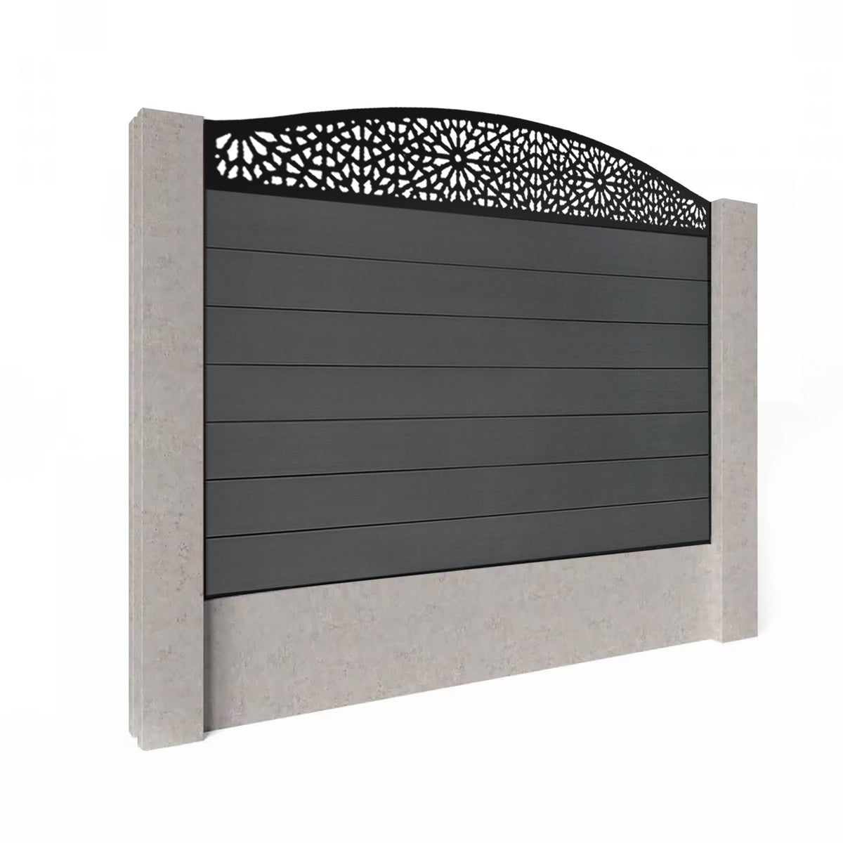 EasyComposite 4ft Composite Fence Panel Into Existing Concrete Posts - Dark Grey RAL7016 Boards & Morocco Curved Topper Trellis