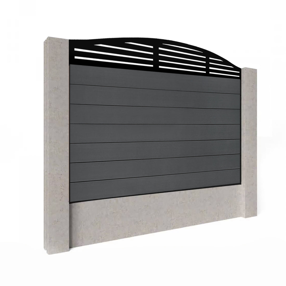 EasyComposite 4ft Composite Fence Panel Into Existing Concrete Posts - Dark Grey RAL7016 Boards & Slat Curved Topper Trellis