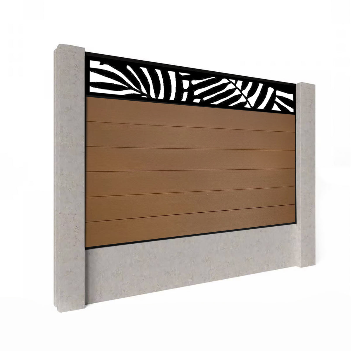 EasyComposite 6ft Composite Fence Panel Into Existing Concrete Posts - Golden Teak Boards & Leafy Topper Trellis