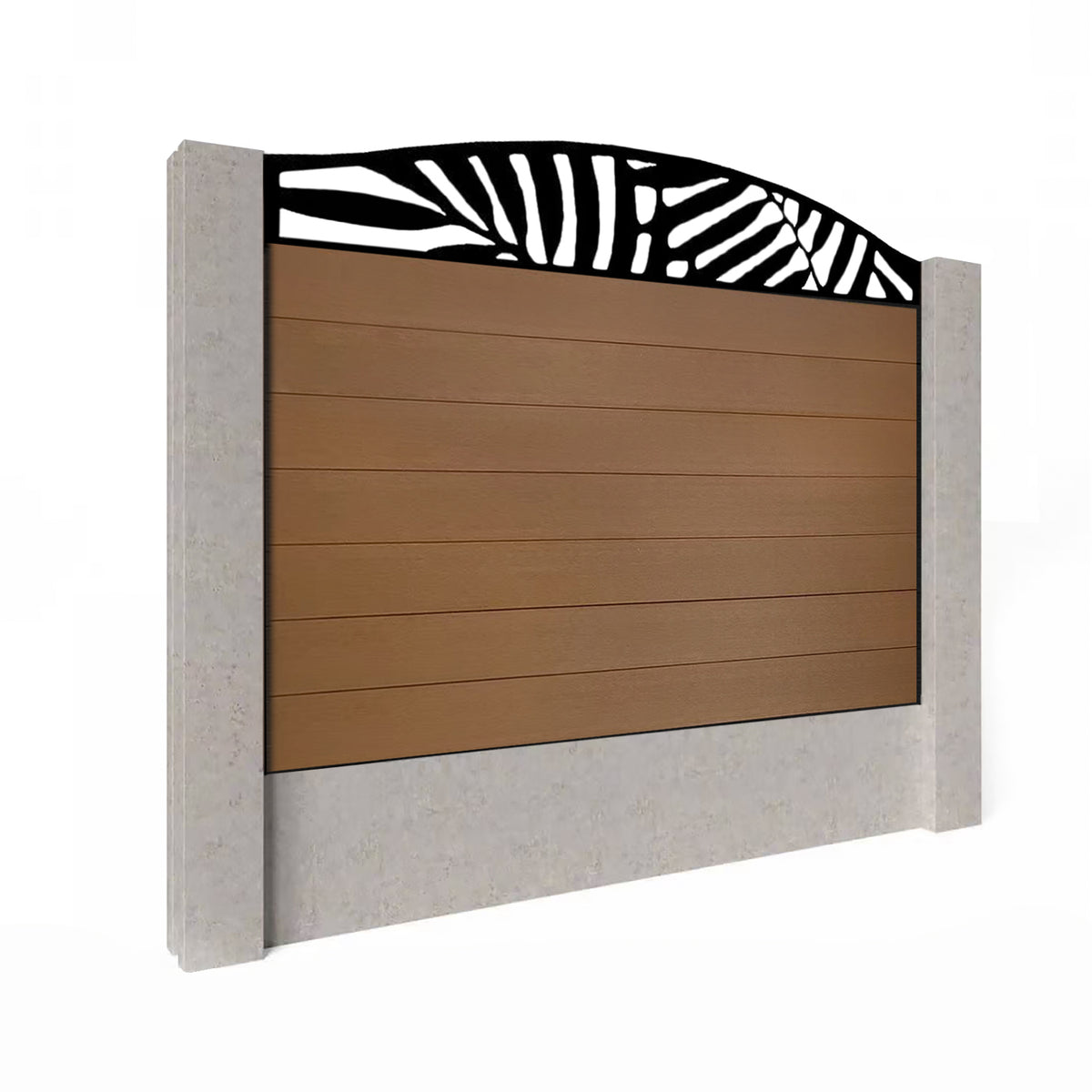 EasyComposite 4ft Composite Fence Panel Into Existing Concrete Posts - Golden Teak Boards & Leafy Curved Topper Trellis