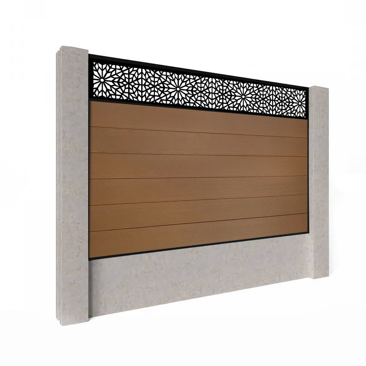 EasyComposite 5ft Composite Fence Panel Into Existing Concrete Posts - Golden Teak Boards & Morocco Topper Trellis