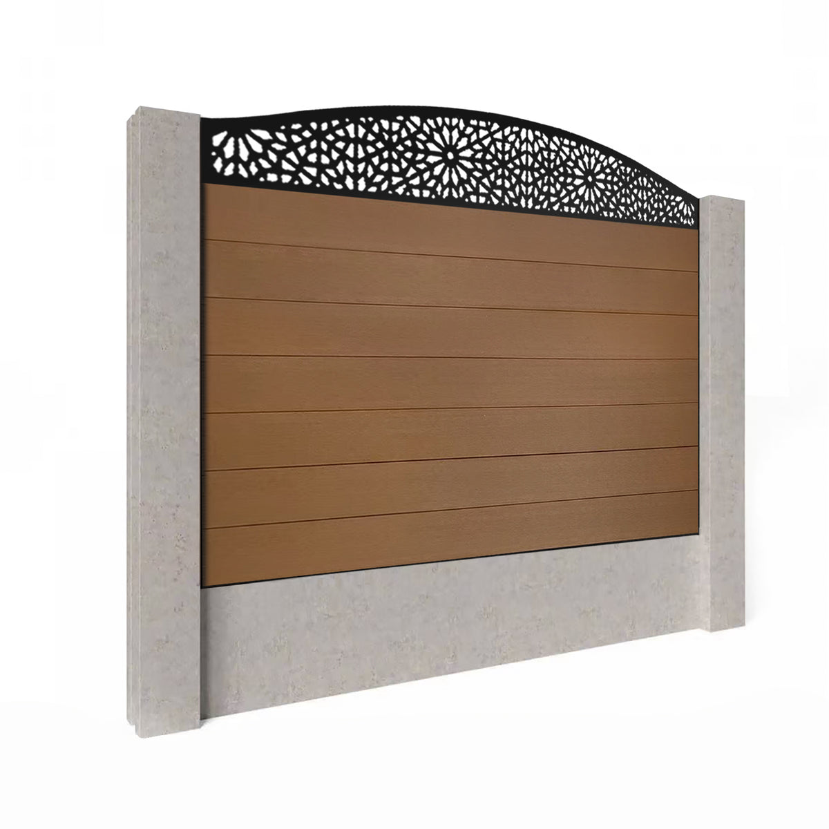 EasyComposite 4ft Composite Fence Panel Into Existing Concrete Posts - Golden Teak Boards & Morocco Curved Topper Trellis