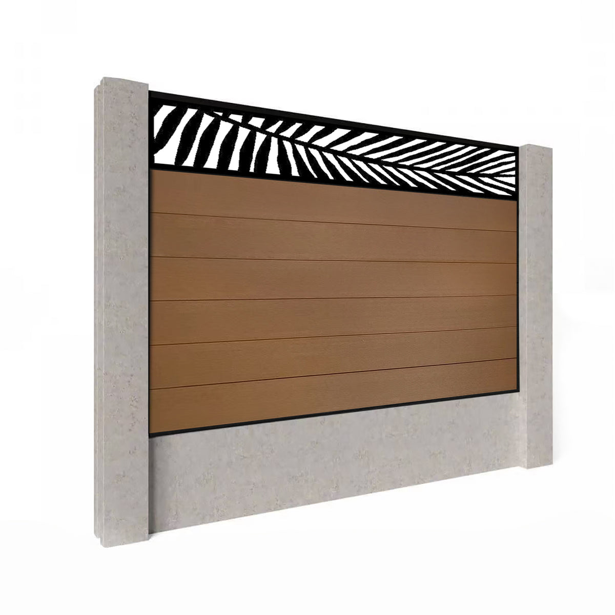 EasyComposite 4ft Composite Fence Panel Into Existing Concrete Posts - Golden Teak Boards & Palm Topper Trellis