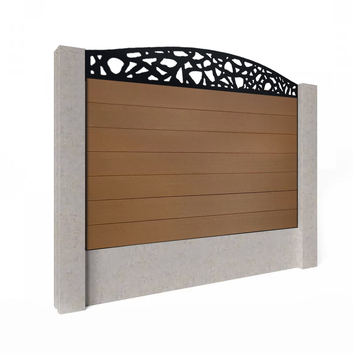 EasyComposite 4ft Composite Fence Panel Into Existing Concrete Posts - Golden Teak Boards & Pebble Curved Topper Trellis