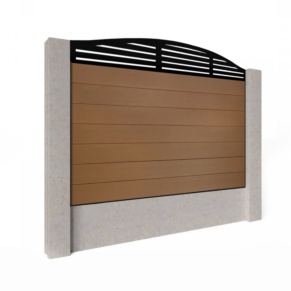 EasyComposite 4ft Composite Fence Panel Into Existing Concrete Posts - Golden Teak Boards & Slat Curved Topper Trellis
