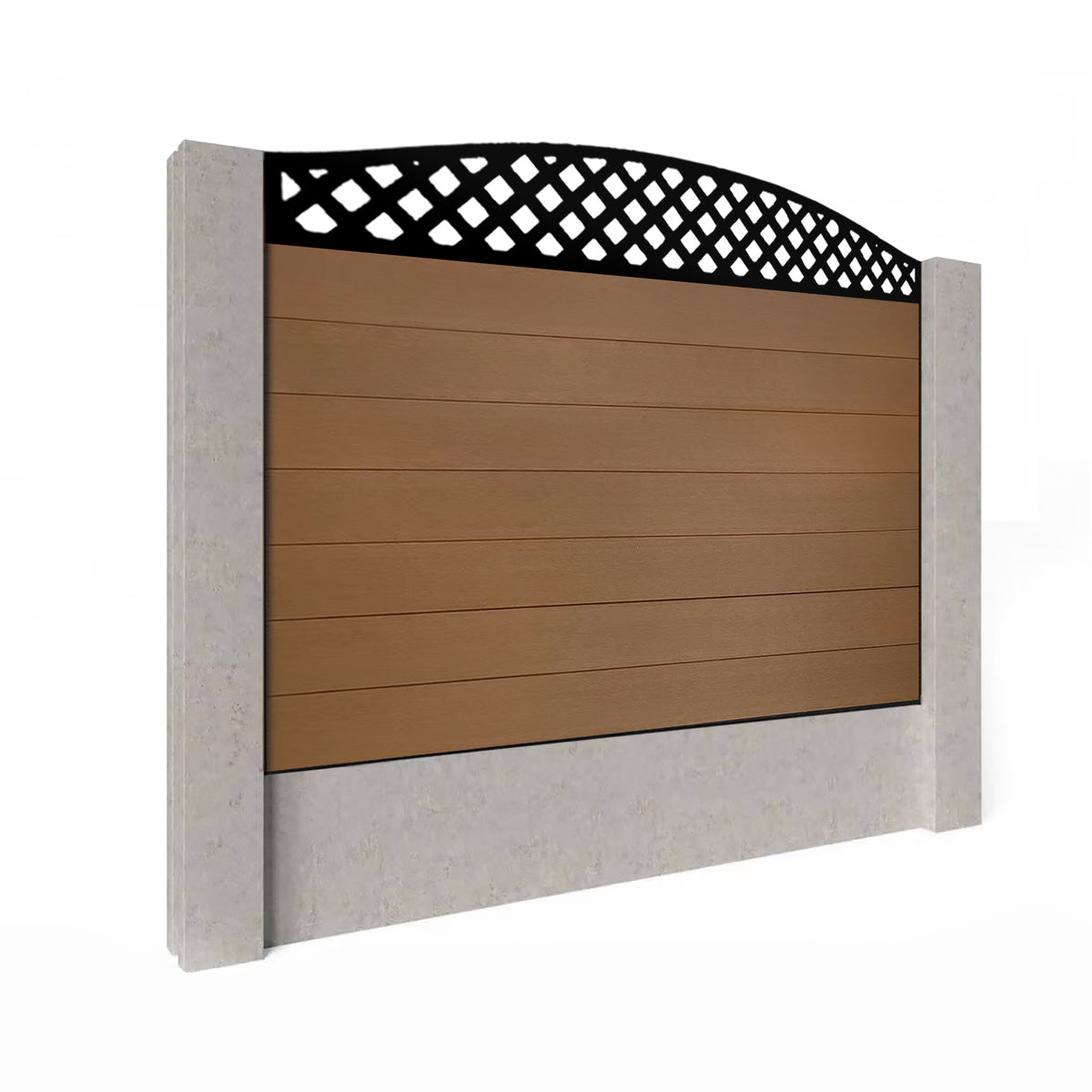 EasyComposite 4ft Composite Fence Panel Into Existing Concrete Posts - Golden Teak Boards & Wave curved Topper Trellis