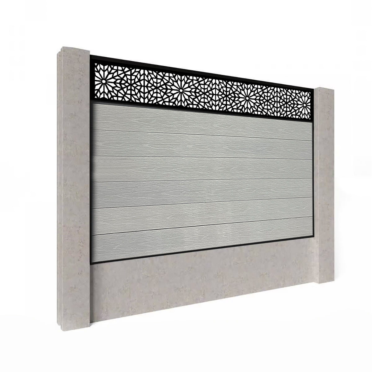 EasyComposite 5ft Composite Fence Panel Into Existing Concrete Posts - Light Grey Boards & Morocco Topper Trellis