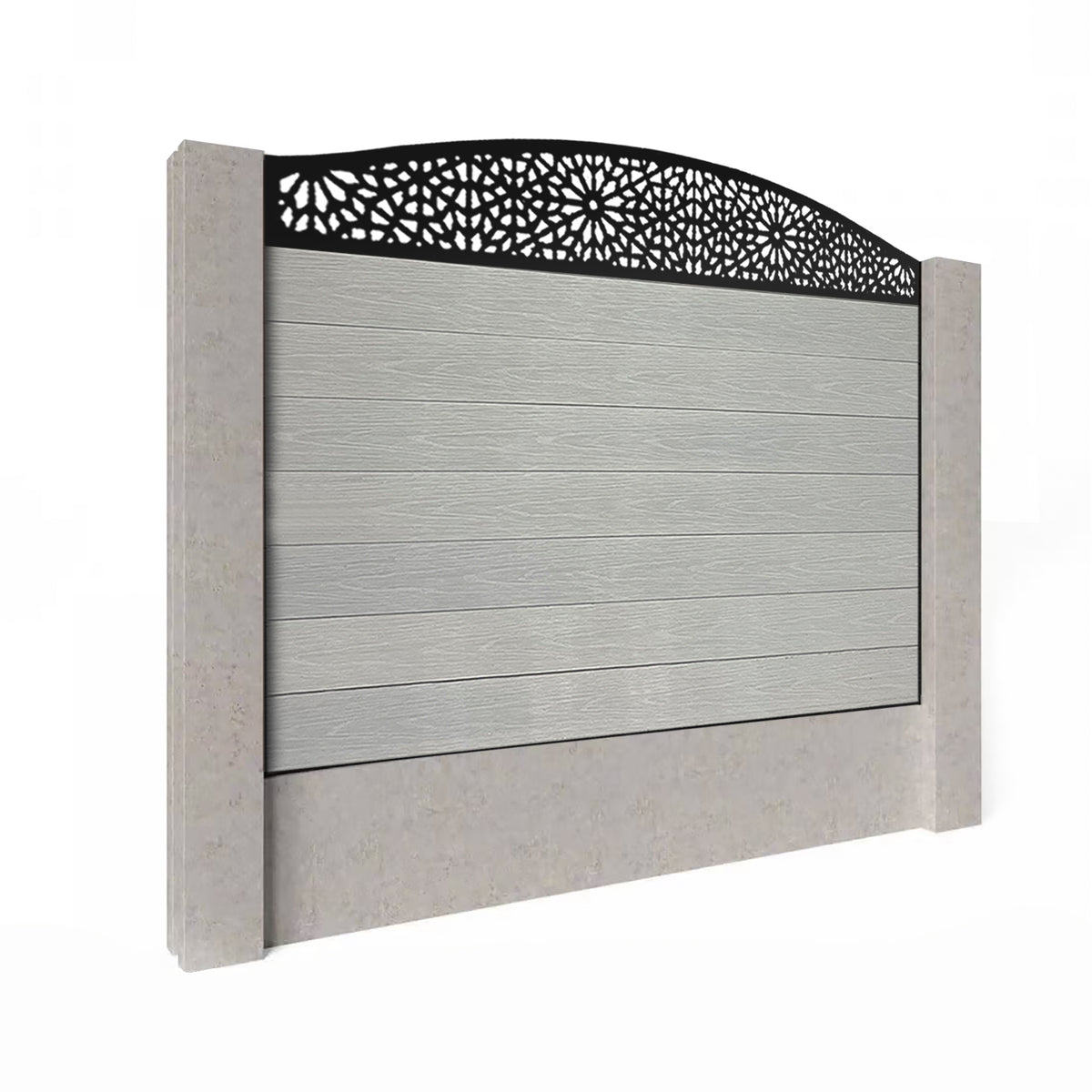 EasyComposite 4ft Composite Fence Panel Into Existing Concrete Posts - Light Grey Boards & Morocco Curved Topper Trellis