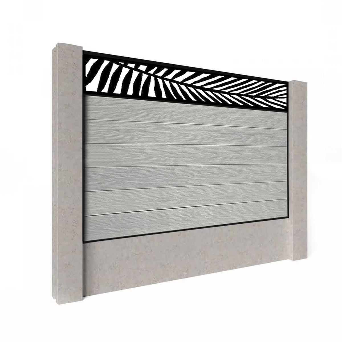 EasyComposite 4ft Composite Fence Panel Into Existing Concrete Posts - Light Grey Boards & Palm Topper Trellis