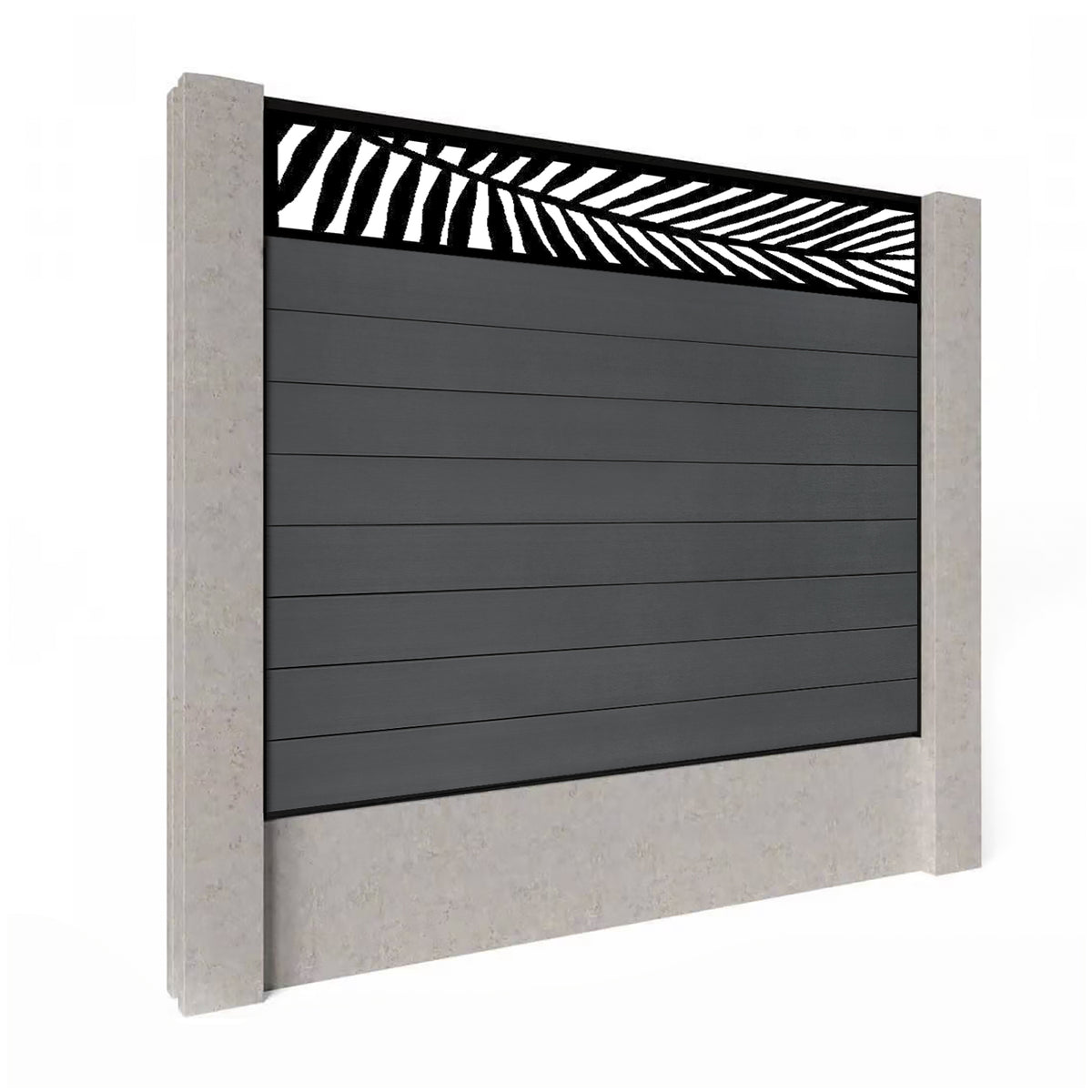 EasyComposite 5ft Composite Fence Panel Into Existing Concrete Posts - Dark Grey RAL7016 Boards & Palm Topper Trellis
