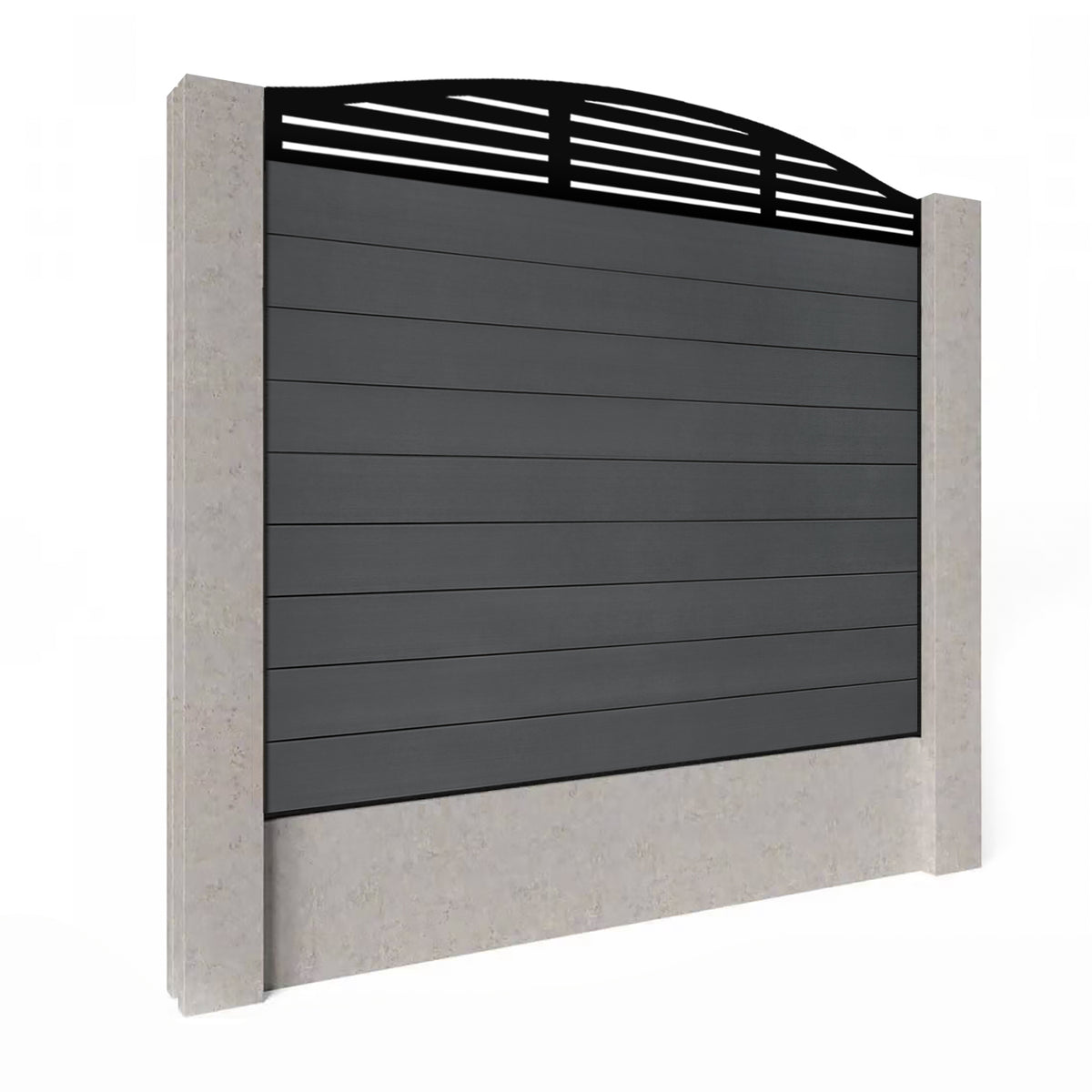 EasyComposite 5ft Composite Fence Panel Into Existing Concrete Posts - Dark Grey RAL7016 Boards & Slat Curved Topper Trellis