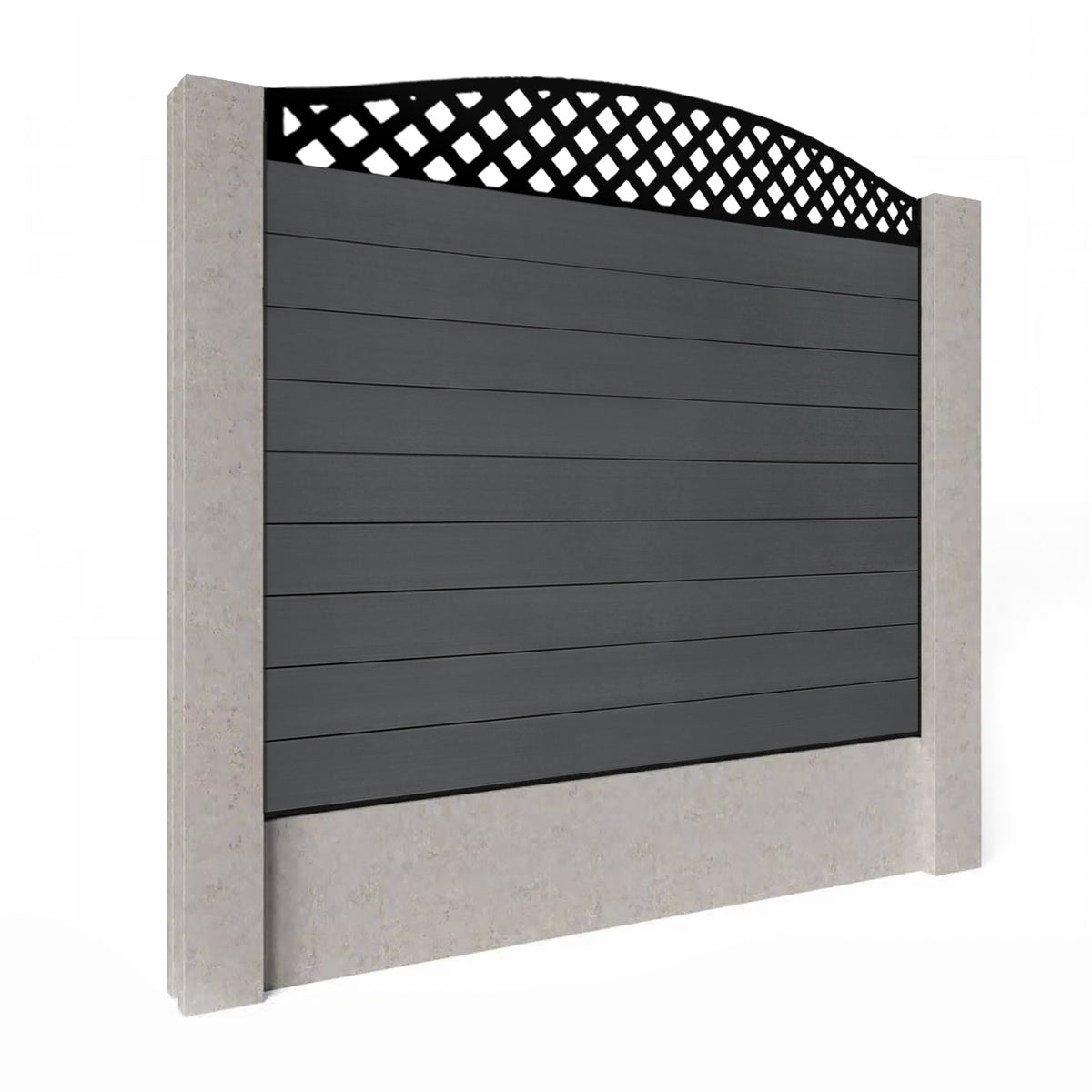 EasyComposite 5ft Composite Fence Panel Into Existing Concrete Posts - Dark Grey RAL7016 Boards & Wave curved Topper Trellis