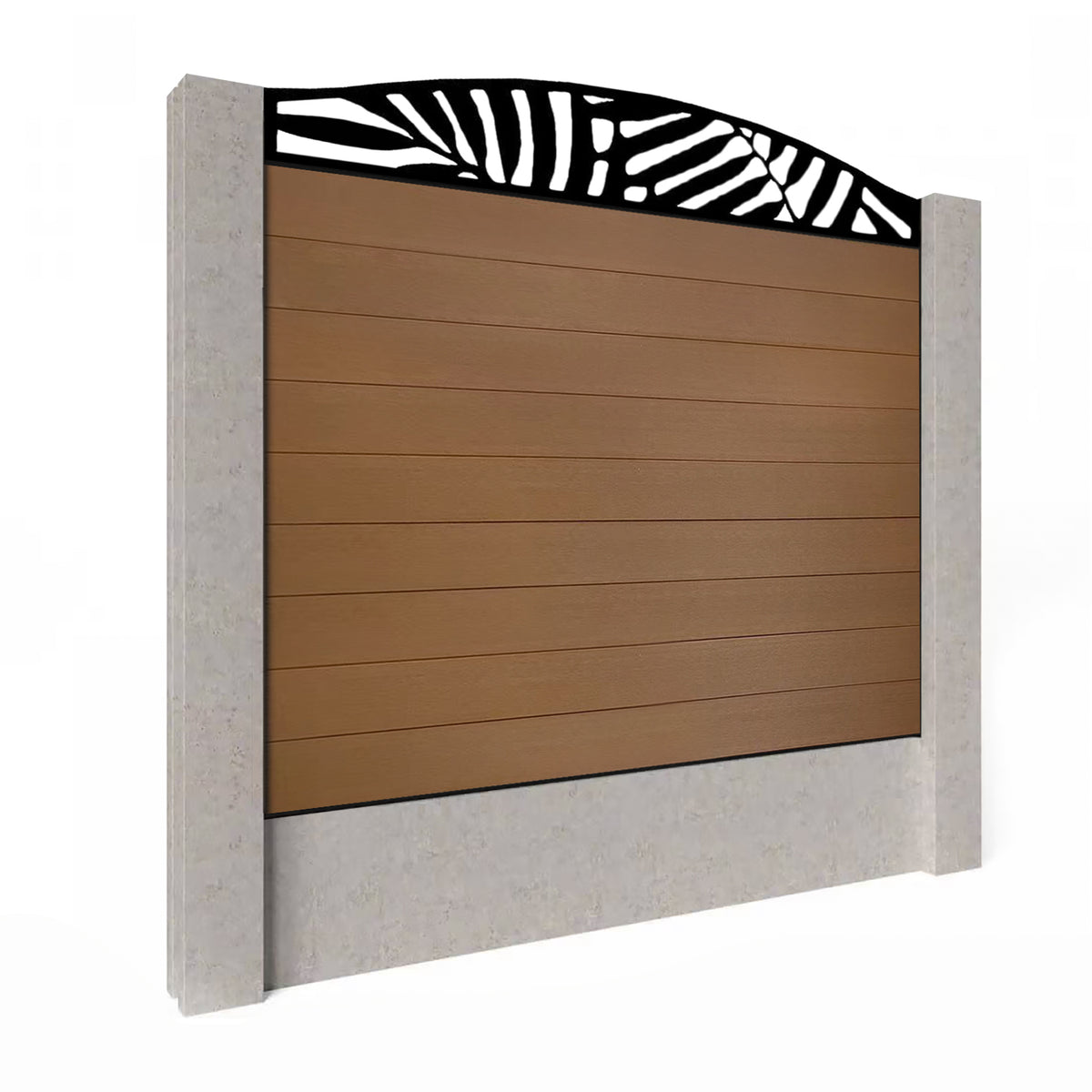 EasyComposite 5ft Composite Fence Panel Into Existing Concrete Posts - Golden Teak Boards & Leafy Curved Topper Trellis