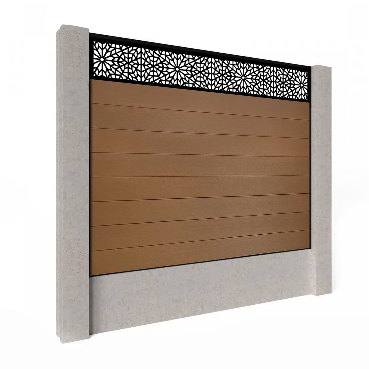 EasyComposite 6ft Composite Fence Panel Into Existing Concrete Posts - Golden Teak Boards & Morocco Topper Trellis