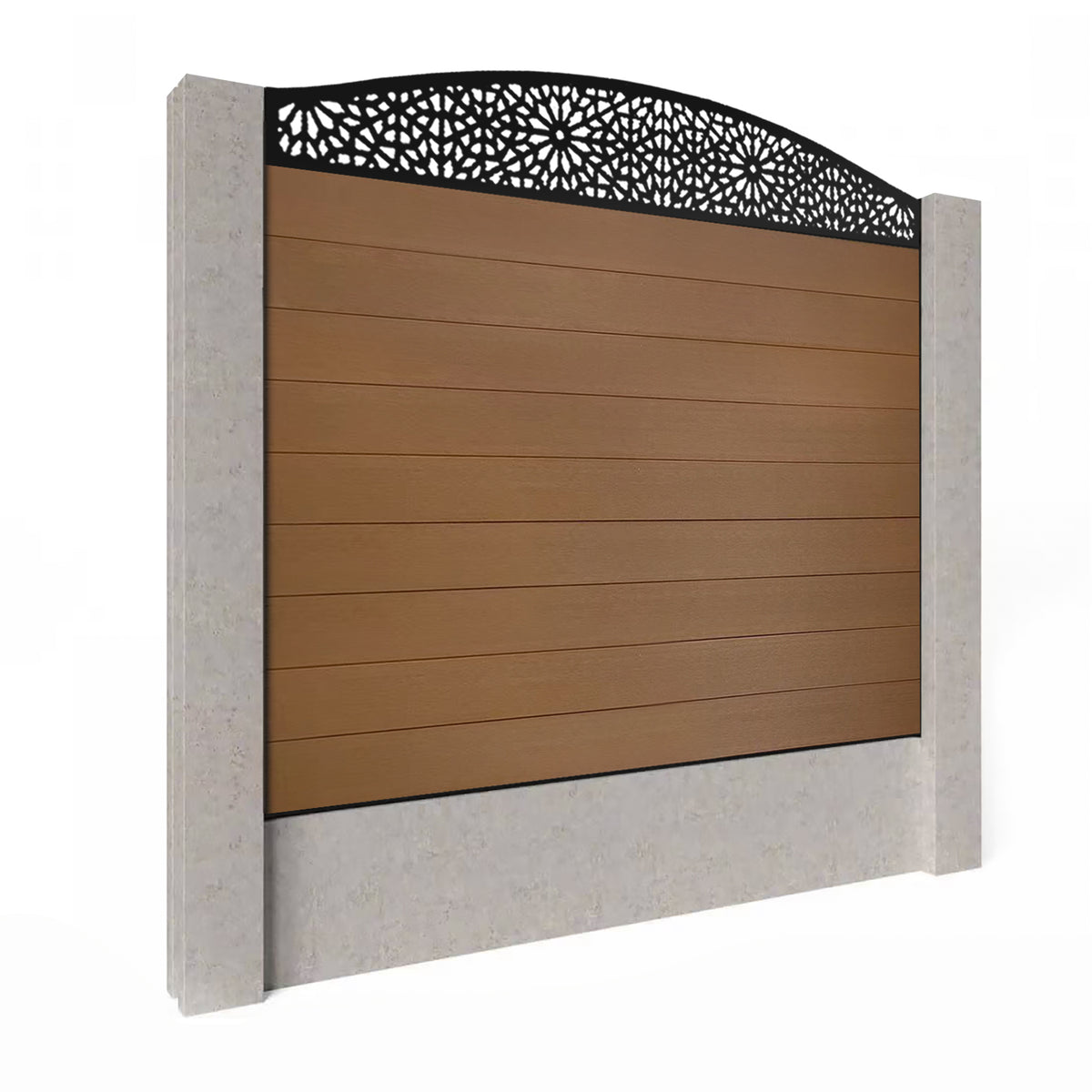 EasyComposite 5ft Composite Fence Panel Into Existing Concrete Posts - Golden Teak Boards & Morocco Curved Topper Trellis