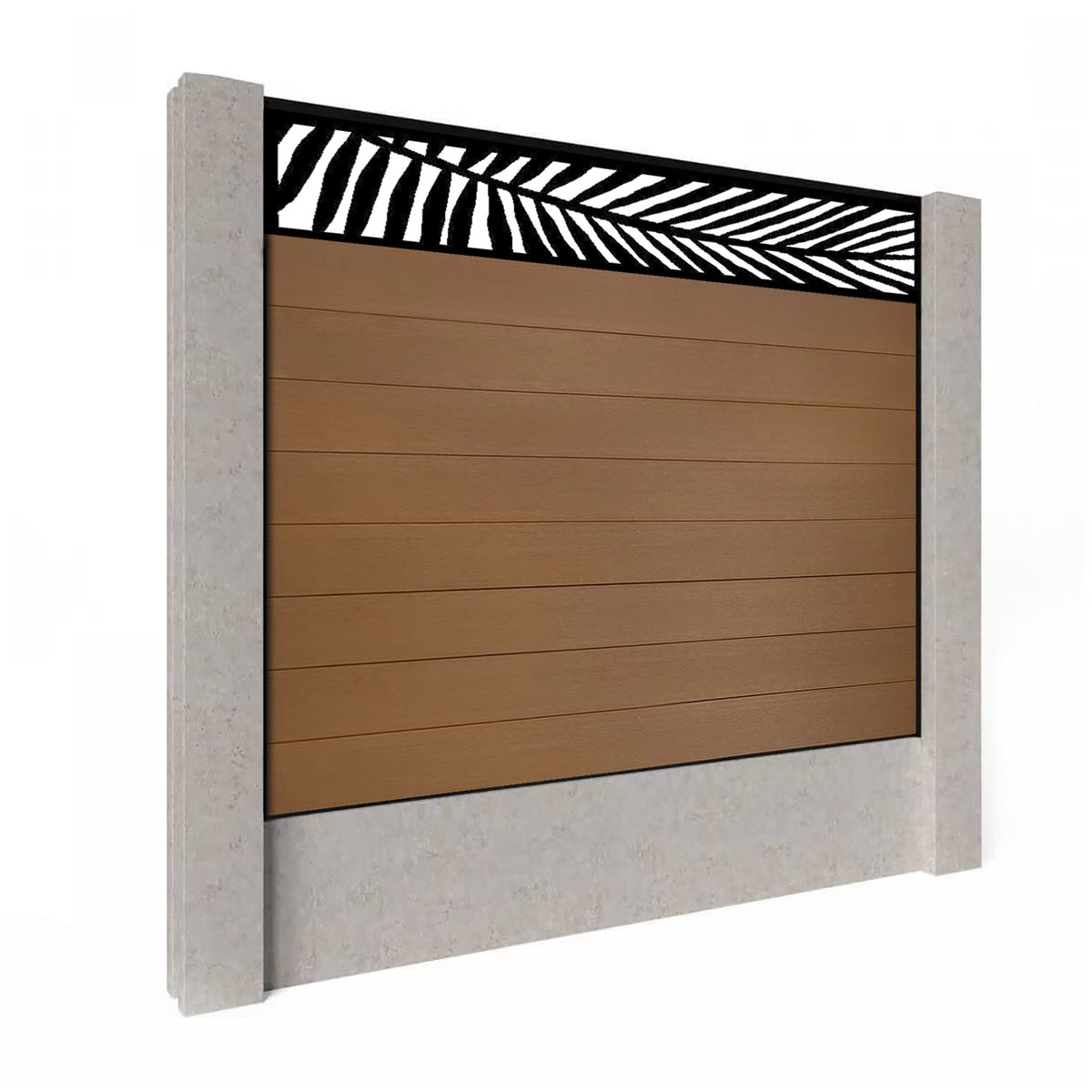 EasyComposite 5ft Composite Fence Panel Into Existing Concrete Posts - Golden Teak Boards & Palm Topper Trellis