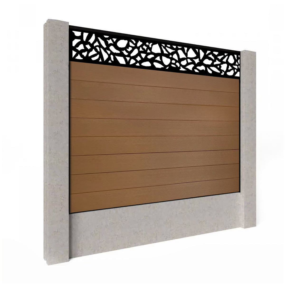 EasyComposite 5ft Composite Fence Panel Into Existing Concrete Posts - Golden Teak Boards & Pebble Topper Trellis