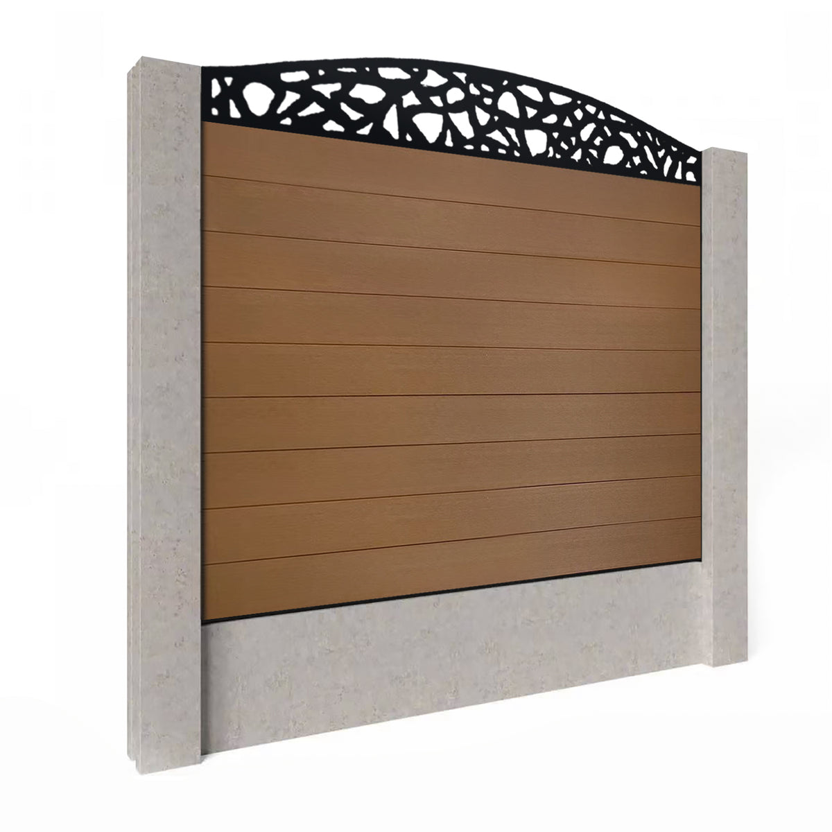 EasyComposite 5ft Composite Fence Panel Into Existing Concrete Posts - Golden Teak Boards & Pebble Curved Topper Trellis