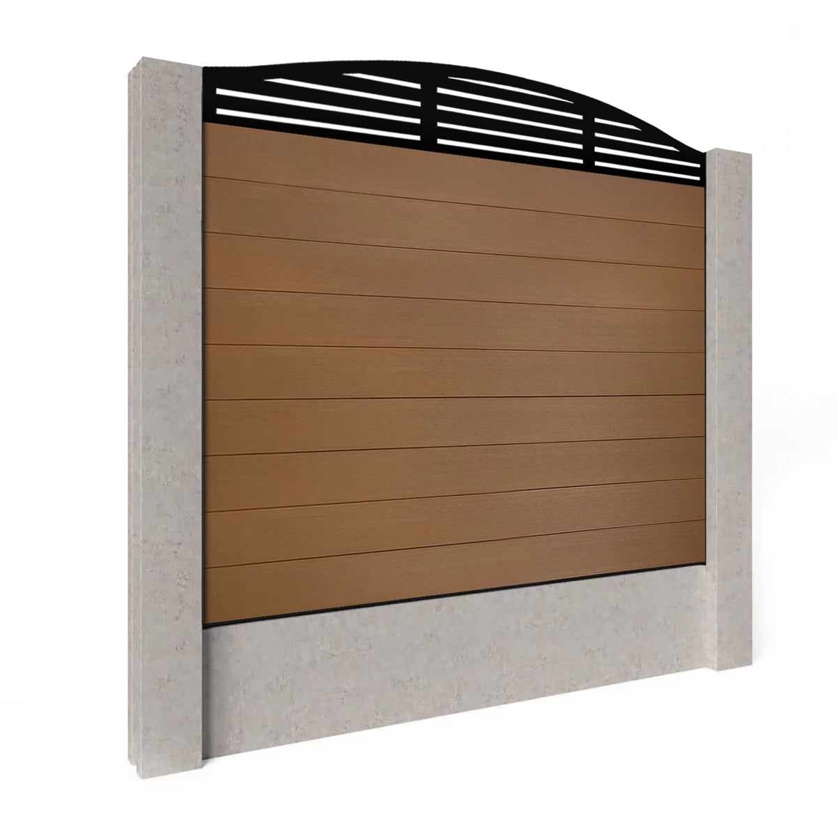 EasyComposite 5ft Composite Fence Panel Into Existing Concrete Posts - Golden Teak Boards & Slat Curved Topper Trellis
