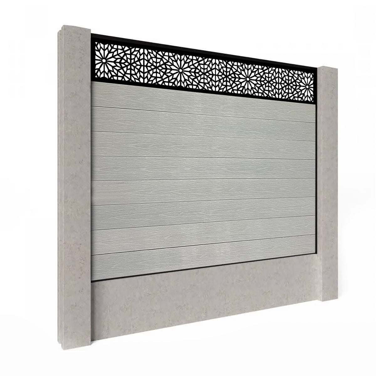 EasyComposite 6ft Composite Fence Panel Into Existing Concrete Posts - Light Grey Boards & Morocco Topper Trellis