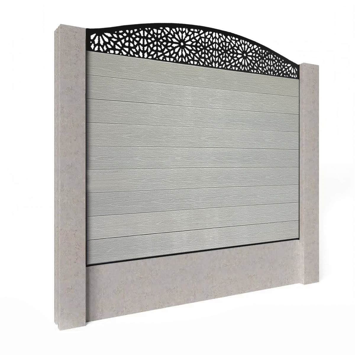 EasyComposite 5ft Composite Fence Panel Into Existing Concrete Posts - Light Grey Boards & Morocco Curved Topper Trellis