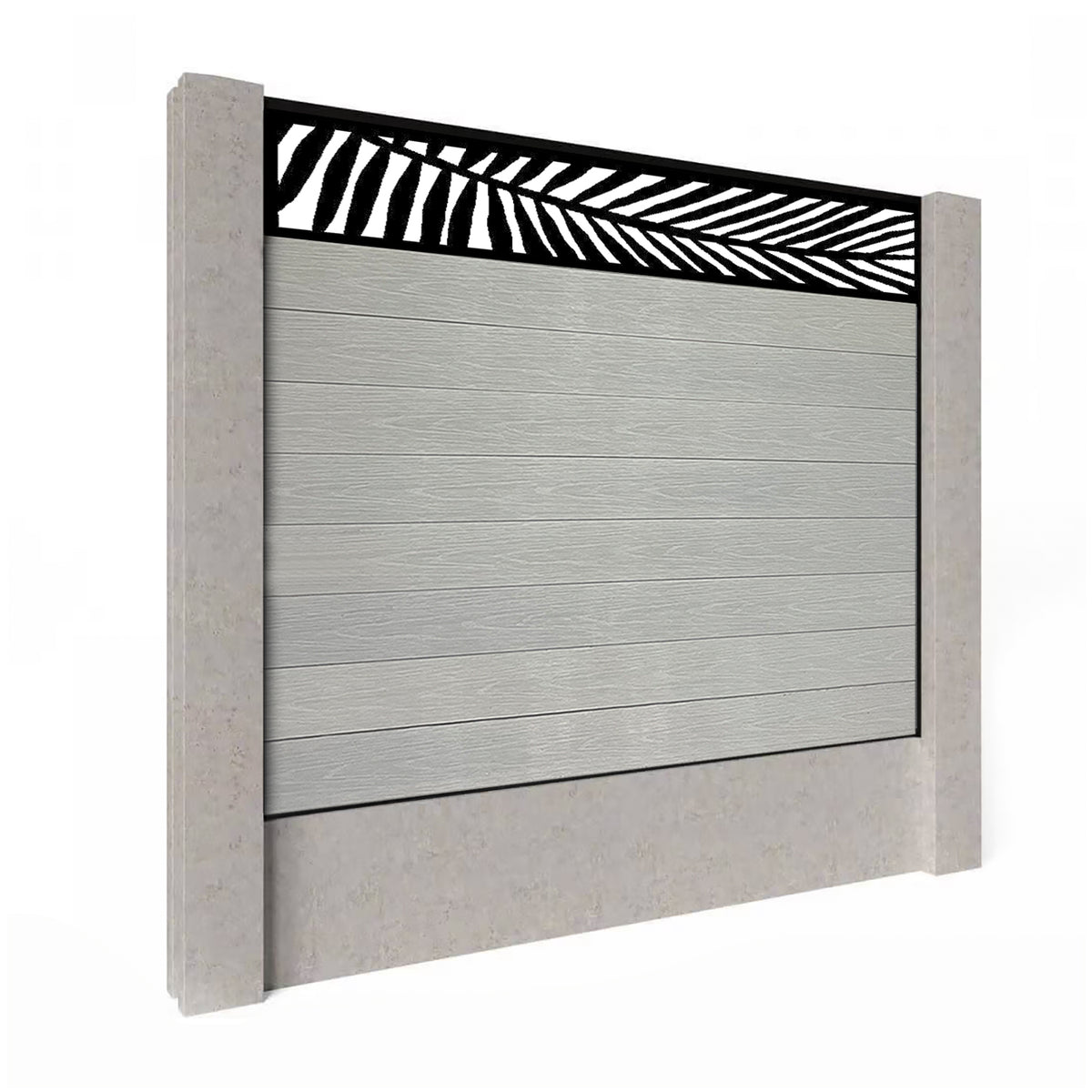 EasyComposite 5ft Composite Fence Panel Into Existing Concrete Posts - Light Grey Boards & Palm Topper Trellis
