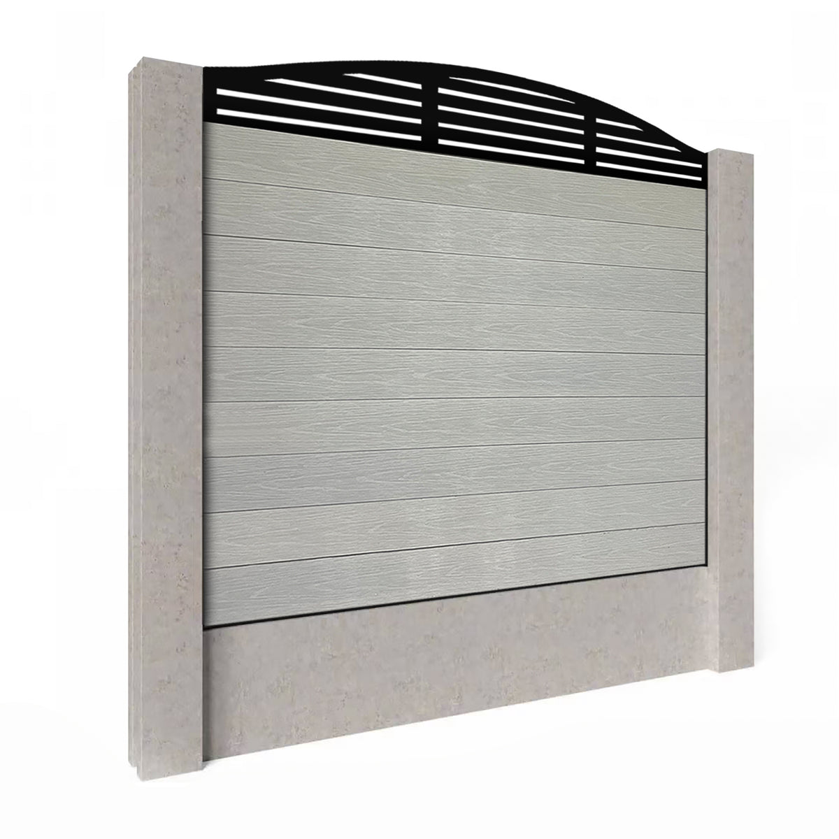 EasyComposite 5ft Composite Fence Panel Into Existing Concrete Posts - Light Grey Boards & Slat Curved Topper Trellis