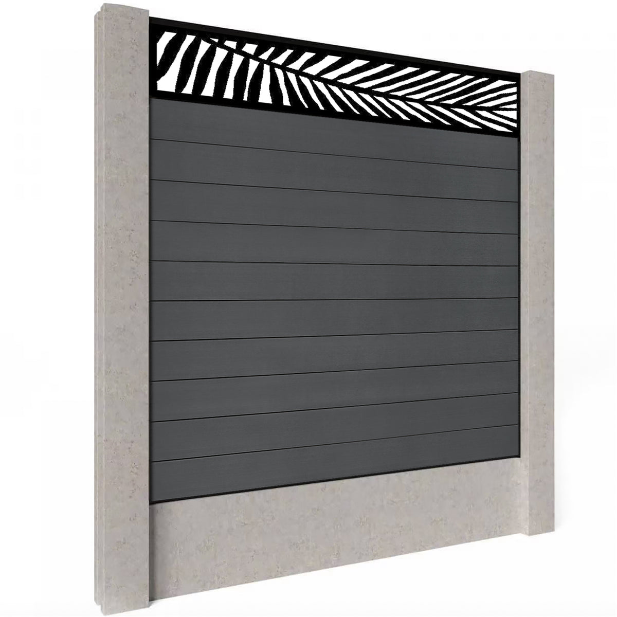 EasyComposite 6ft Composite Fence Panel Into Existing Concrete Posts - Dark Grey RAL7016 Boards & Palm Topper Trellis