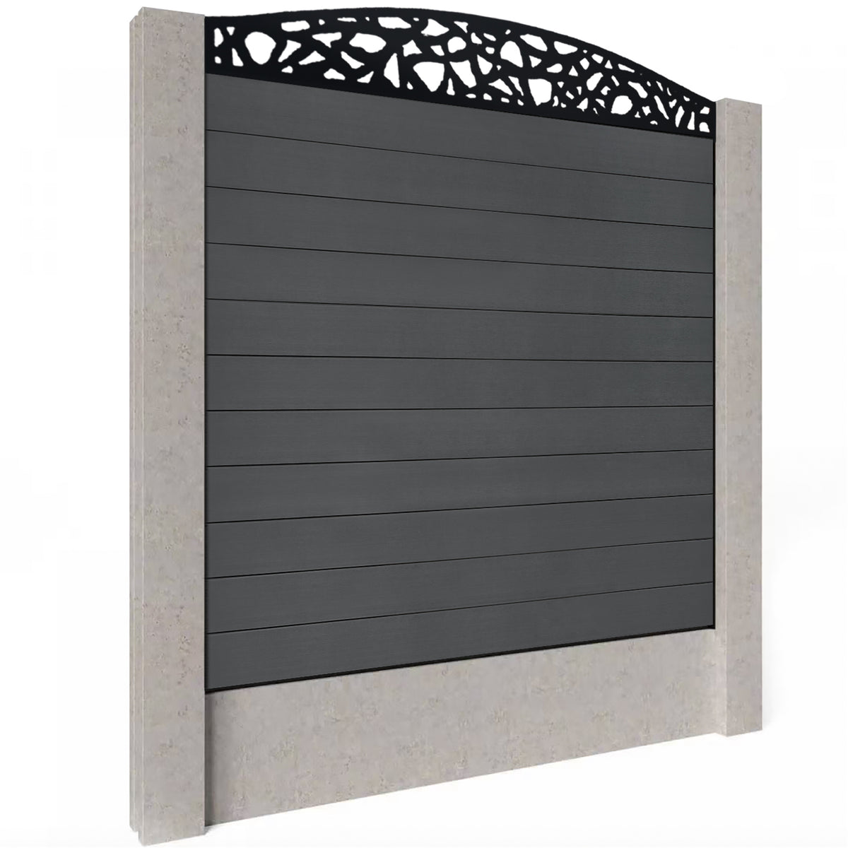 EasyComposite 6ft Composite Fence Panel Into Existing Concrete Posts - Dark Grey RAL7016 Boards & Pebble Curved Topper Trellis