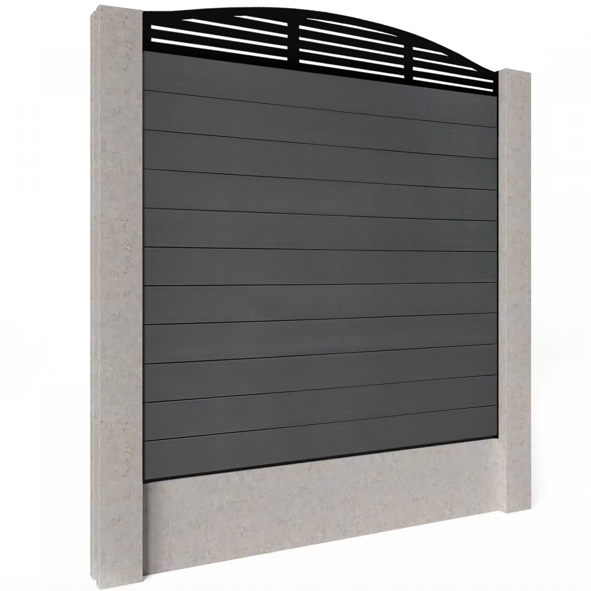 EasyComposite 6ft Composite Fence Panel Into Existing Concrete Posts - Dark Grey RAL7016 Boards & Slat Curved Topper Trellis