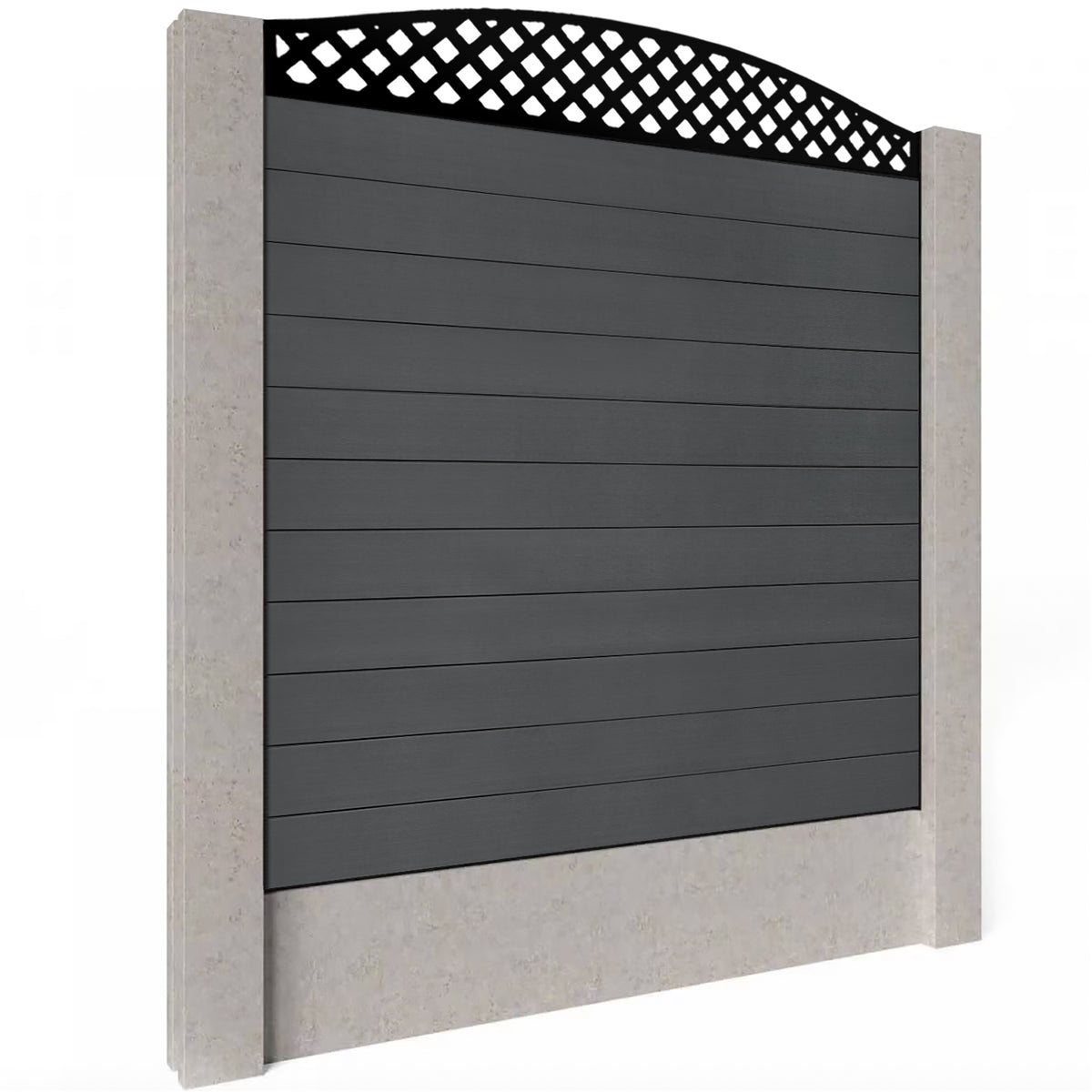 EasyComposite 6ft Composite Fence Panel Into Existing Concrete Posts - Dark Grey RAL7016 Boards & Wave curved Topper Trellis