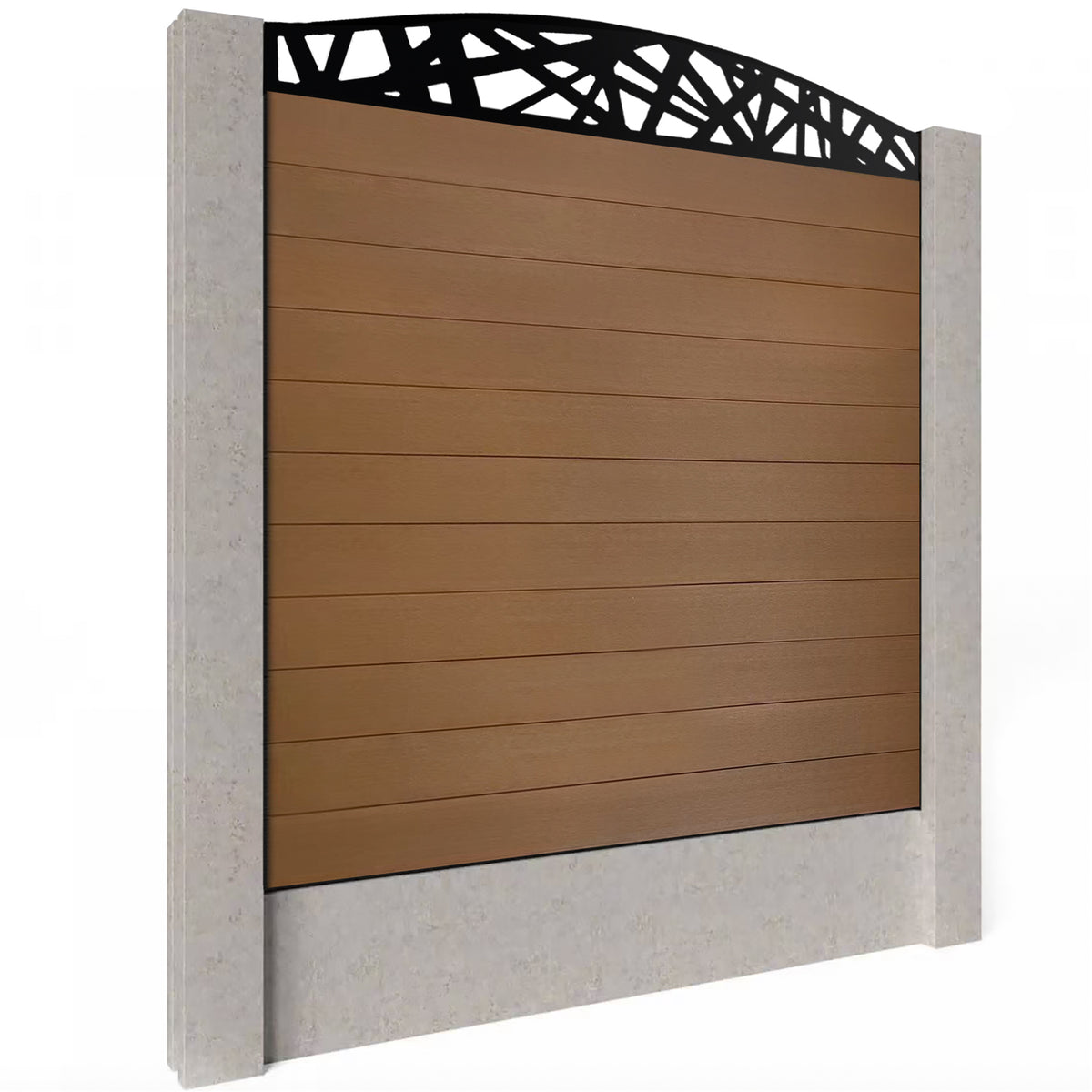 EasyComposite 6ft Composite Fence Panel Into Existing Concrete Posts - Golden Teak Boards & Laser Curved Topper Trellis