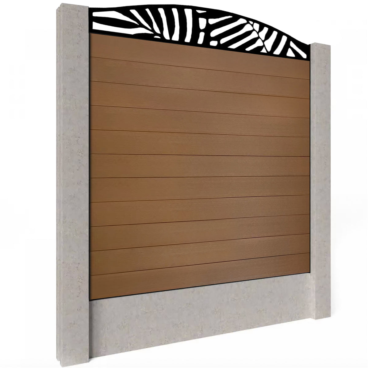EasyComposite 6ft Composite Fence Panel Into Existing Concrete Posts - Golden Teak Boards & Leafy Curved Topper Trellis
