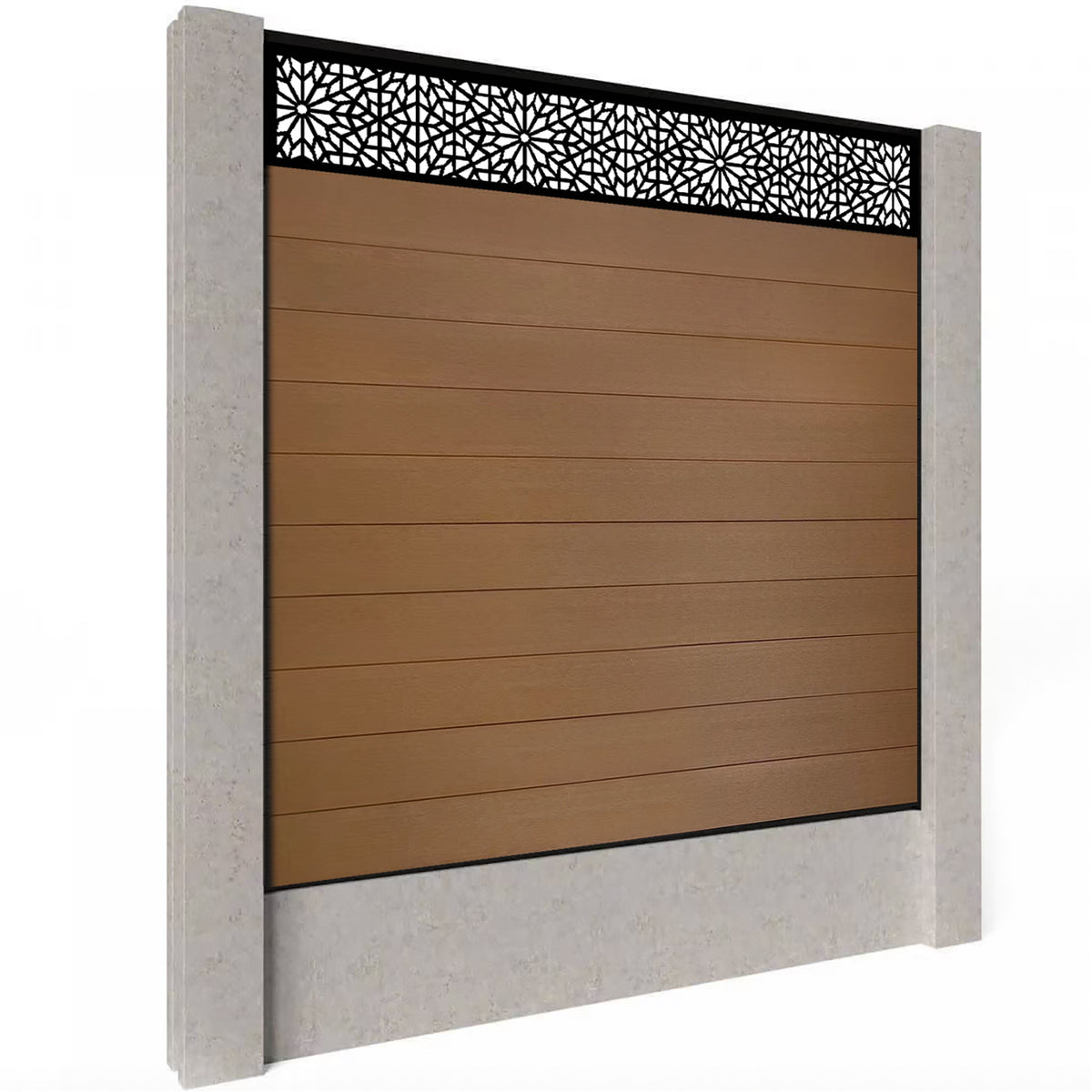 EasyComposite 2ft Composite Fence Panel & Aluminium Post Fitted Above Ground - Golden Teak Boards & Morocco Topper Trellis