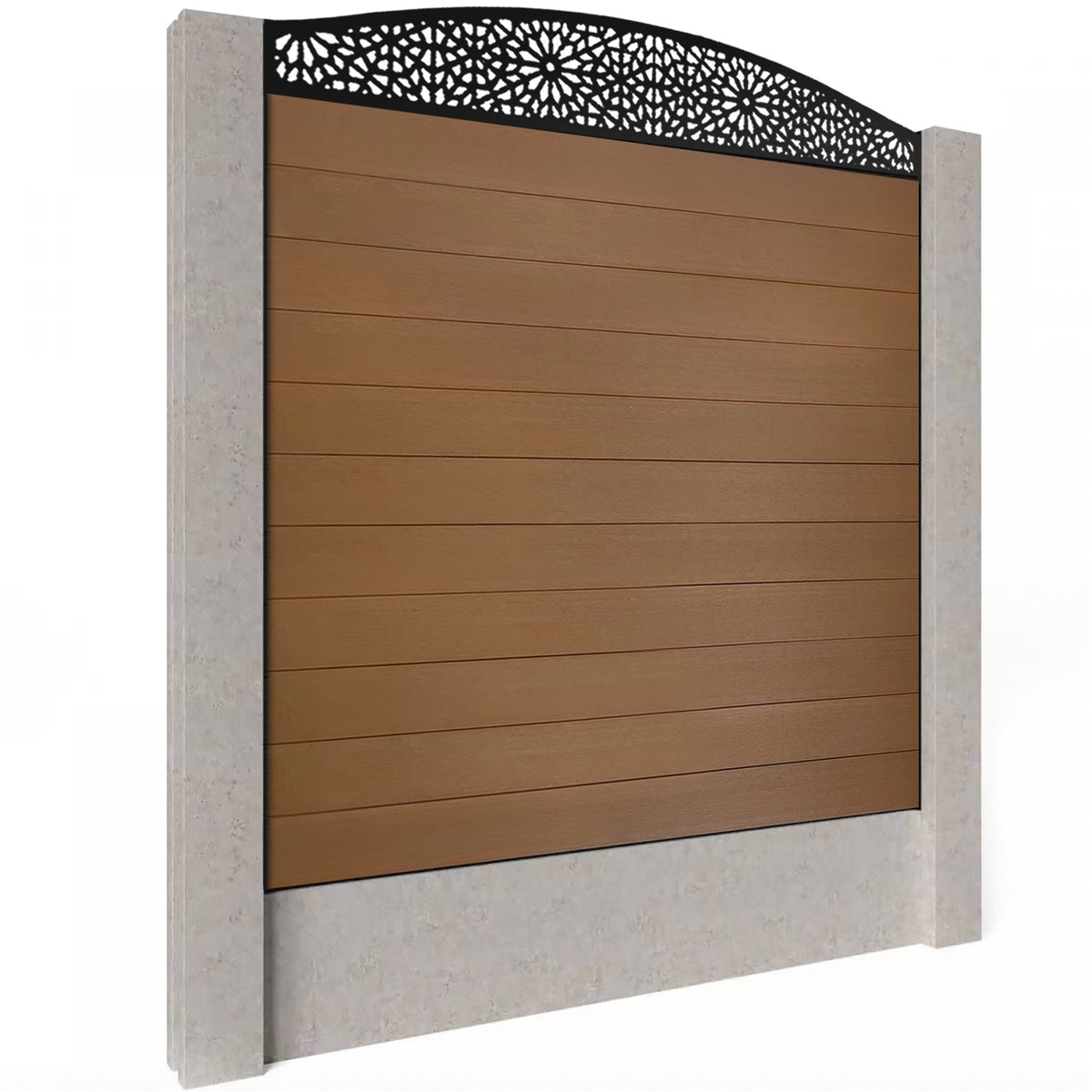 EasyComposite 6ft Composite Fence Panel Into Existing Concrete Posts - Golden Teak Boards & Morocco Curved Topper Trellis