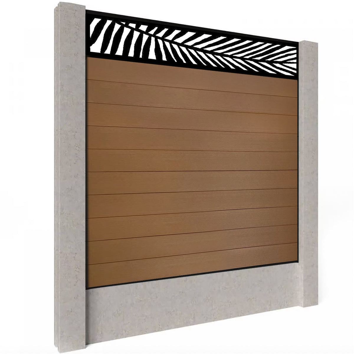 EasyComposite 6ft Composite Fence Panel Into Existing Concrete Posts - Golden Teak Boards & Palm Topper Trellis